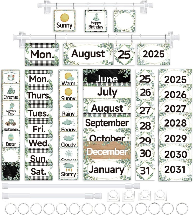EggSun 96 Cards Classroom Bulletin Board Decorations Set for Teachers,Flip Calendar with Holder for Classroom,Adjustable Calendar,Preschool Elementary Home Decor Supplies（Eucalyptus） - Image 1